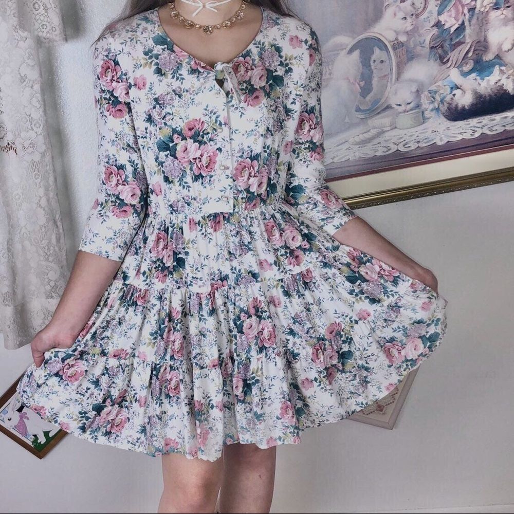 Vintage XS Tiered Dress Cottagecore Fairy Kei Lolita Tea Party Feminine Floral